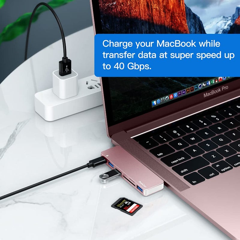 Raycue USB C Hub Adapter for MacBook Pro/Air 2020 2019 2018, 6 in 1 USB-C Accessories Compatible with MacBook Pro 13â€³ and 15â€³ with 3 USB 3.0 Ports, TF/SD Card Reader, Power Delivery (Pink) - Image 5